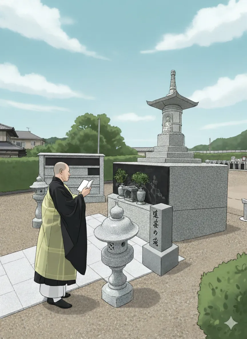 永代供養塔と読経のイラスト